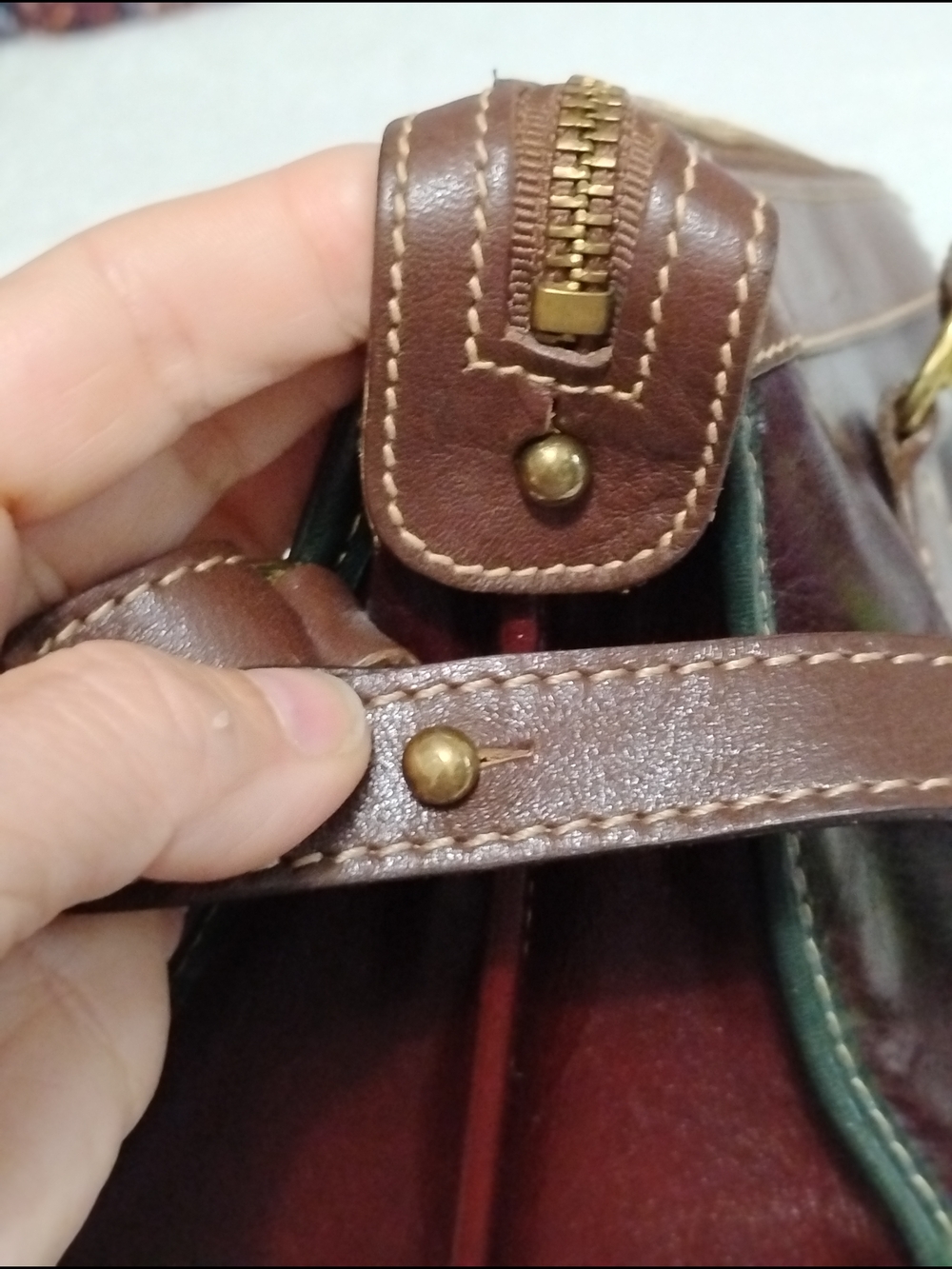 Brahmin Brown and Wine Leather Satchel with Green Trim - Picture 14 of 15